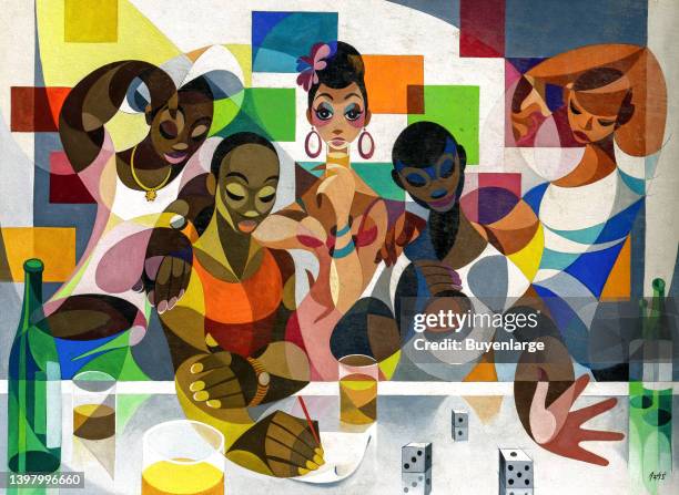 In the style of Cubism, five women drink and play a dice game. Artist Andres Garcia Benitez, 1972