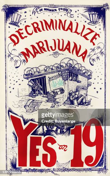 On November 7th 1972 decriminalize marijuana, vote yes on 19, California Marijuana Initiative. Artist unknown, 1972