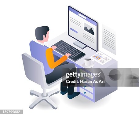 Man Computer Work Graphic Flat Isometric Illustration Concept Man Working On Computer High-Res ...