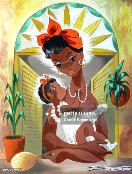 Baby is held in her mother's arms and plays with her pearl necklace. "Para Juana de Andres. Artist Andres Garcia Benitez