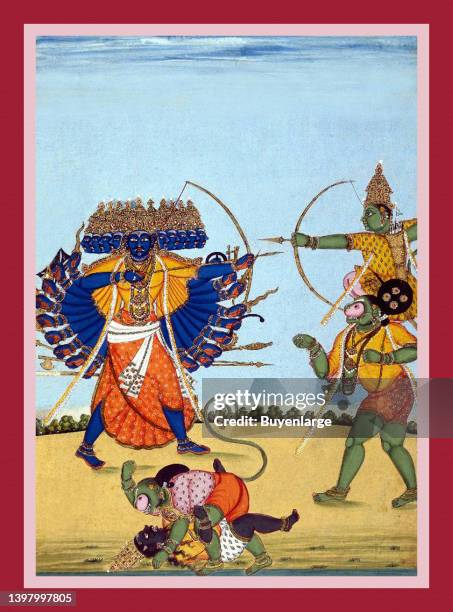 An illustration from the Ramayana. Rama mounted on Hanuman's shoulders fighting Ravaṇa while in the foreground a monkey warrior fights a Rakshasa....