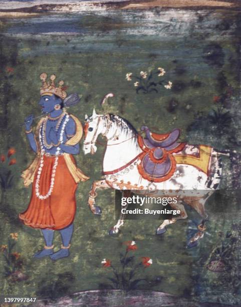 Vishnu as Kalki with his horse; . Crowned and bejeweled Vishnu stands leading a white horse, ornately saddled. Flat green ground with flowering...