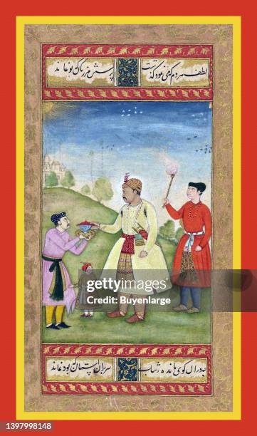 The Mughal emperor Akbar with son Jahangir as a child; . Akbar, featured at center and dressed in a light robe, receives a lidded, stemmed...