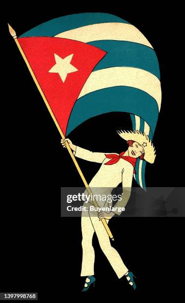 Print of a girl wearing traiditonal Cuban attire waving the national flag. Artist unknown