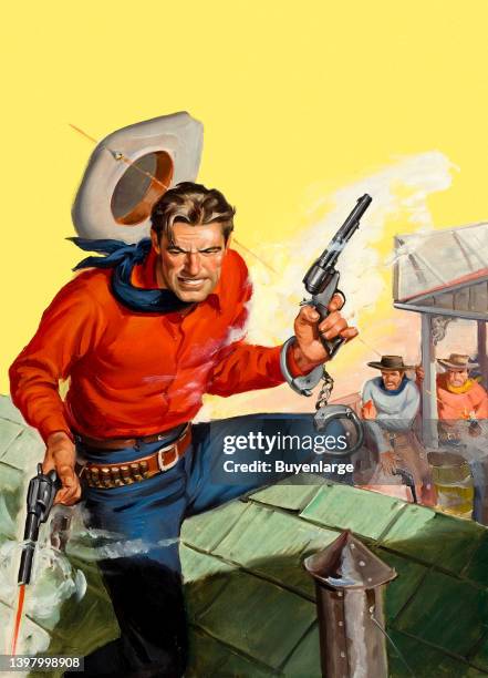 Cowboy Shootout, western pulp cover, circa 1940s. Art by Sam Cherry . Artist Sam Cherry