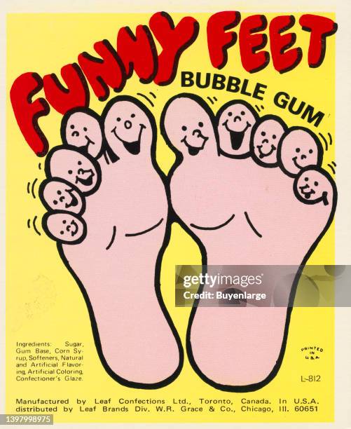 Two feet with happy smiley faces on the toes promoted "Funny Feet bubble gum." This image was taken from the card inserted in gum and candy machines...