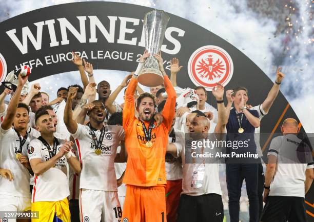 Kevin Trapp of Eintracht Frankfurt lifts the UEFA Europa League Trophy following their team's victory in the UEFA Europa League final match between...