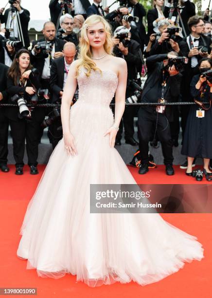 Elle Fanning attends the screening of "Top Gun: Maverick" during the 75th annual Cannes film festival at Palais des Festivals on May 18, 2022 in...