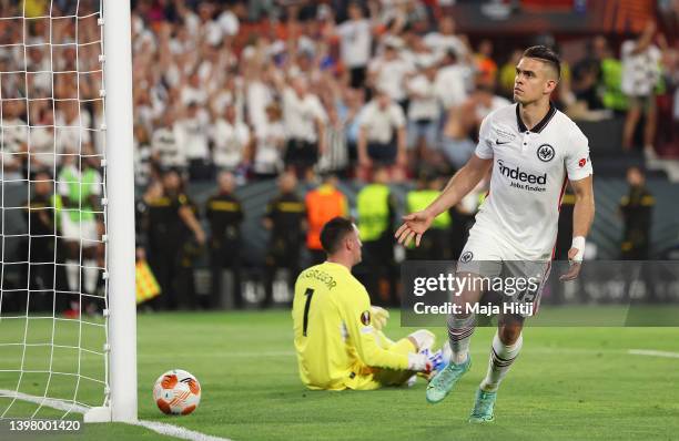 Rafael Santos Borre of Eintracht Frankfurt celebrates after scoring their team's first goal during the UEFA Europa League final match between...