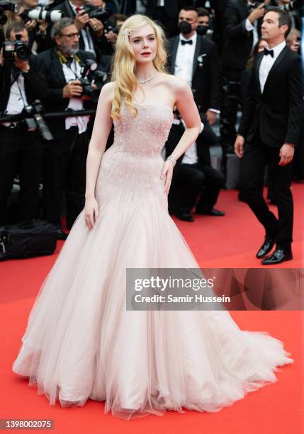 Elle Fanning attends the screening of "Top Gun: Maverick" during the 75th annual Cannes film festival at Palais des Festivals on May 18, 2022 in...