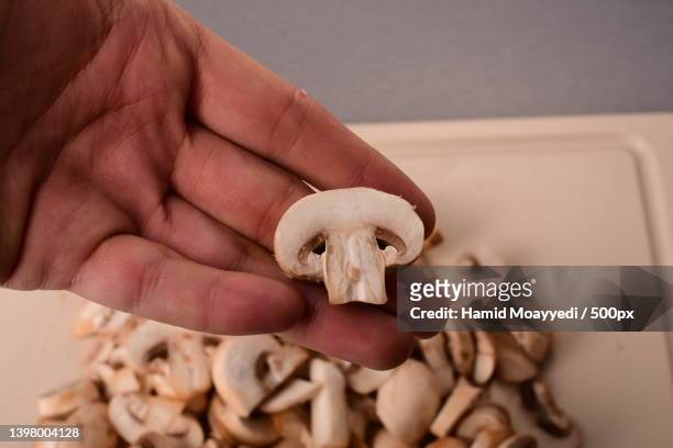 mushrooms to cook,close-up of mushrooms in plate - white mushroom stockfoto's en -beelden