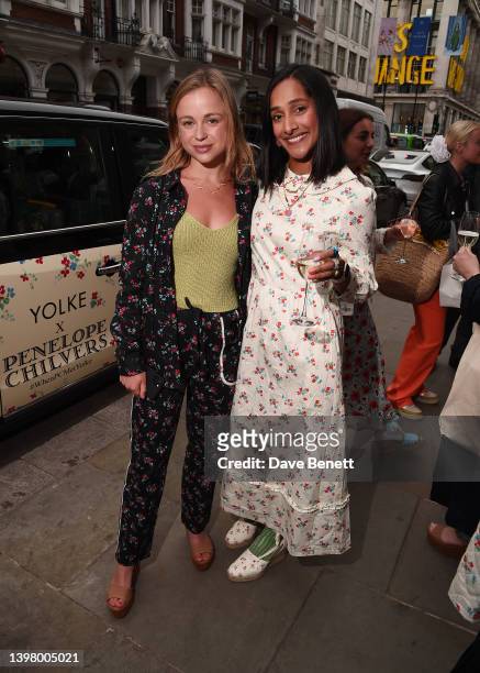 Amelia Windsor and Zeena Shah attend Yolke x Penelope Chilvers SS22 collaboration launch party at the London Duke St Store on May 18, 2022 in London,...