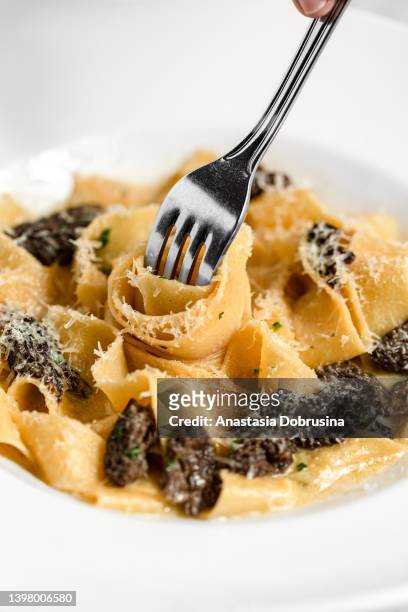 creamy tagliatelle pasta with mushroom and parmesan cheese. close up - morel mushroom stock pictures, royalty-free photos & images