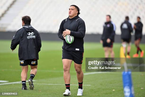 Tamaiti Williams looks on during a Crusaders Super Rugby Pacific training session at Orangetheory Stadium on May 19, 2022 in Christchurch, New...