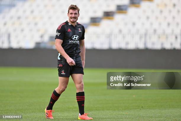 George Bridge reacts during a Crusaders Super Rugby Pacific training session at Orangetheory Stadium on May 19, 2022 in Christchurch, New Zealand.