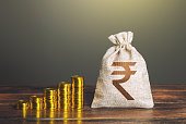Indian rupee money bag and increasing stacks of coins. Rise in profits, budget fees. Investments. Raise incomes, increase salaries. Financial success. Economic growth, GDP. Savings and accumulation.