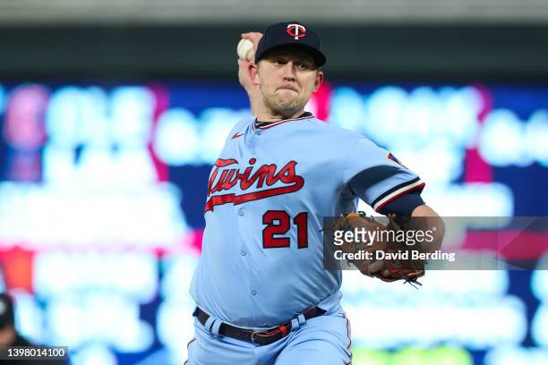 Tyler Duffey of the Minnesota Twins delivers a pitch against the Detroit Tigers in the sixth inning of the game at Target Field on April 26, 2022 in...