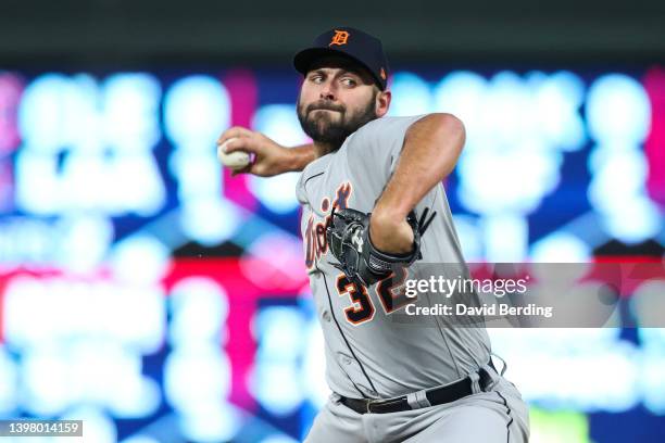 Michael Fulmer of the Detroit Tigers delivers a pitch against the Minnesota Twins in the eighth inning of the game at Target Field on April 26, 2022...