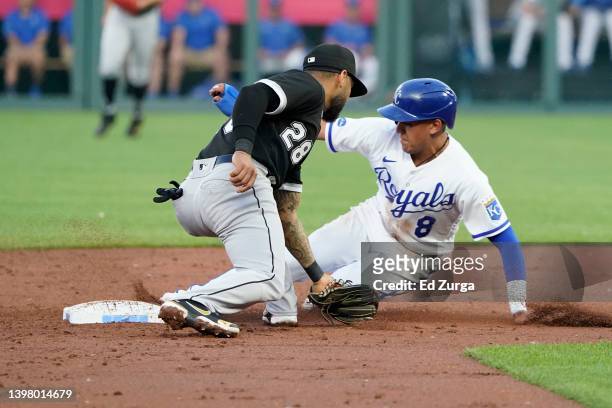 Nicky Lopez of the Kansas City Royals steals second base ahead of the tag by Leury Garcia of the Chicago White Sox in the second inning at Kauffman...