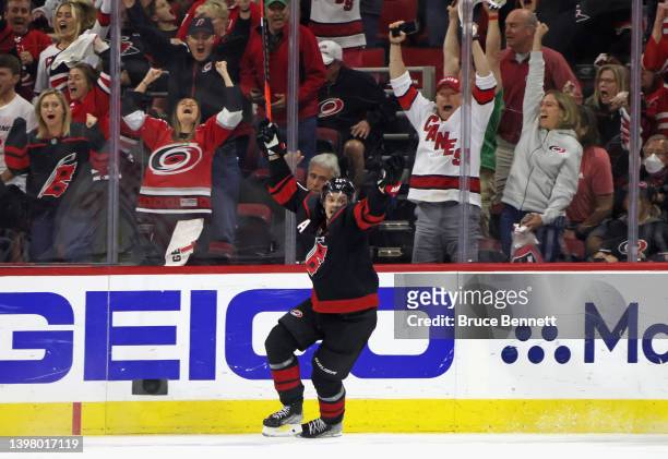 Sebastian Aho of the Carolina Hurricanes celebrates his goal against the New York Rangers at 17:37 of the third period in Game One of the Second...