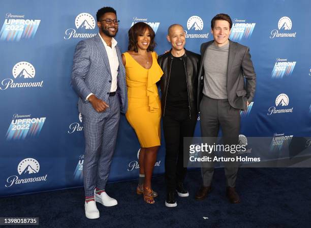 Tony Dokoupil, Gayle King, Vladimir Duthiers and Nate Burleson attend the 2022 Paramount Upfront at 666 Madison Avenue on May 18, 2022 in New York...