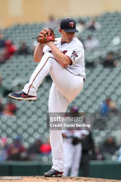 Tyler Duffey of the Minnesota Twins delivers a pitch against the Detroit Tigers in the sixth inning of the game at Target Field on April 28, 2022 in...