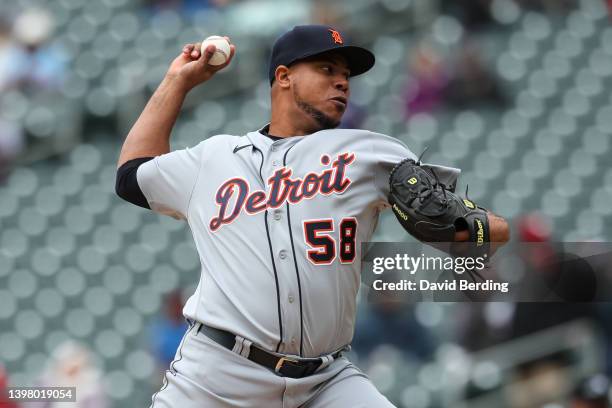 Wily Peralta of the Detroit Tigers delivers a pitch against the Minnesota Twins in the seventh inning of the game at Target Field on April 28, 2022...