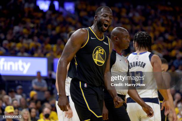 Draymond Green of the Golden State Warriors reacts to a no call against the Dallas Mavericks during the second quarter in Game One of the 2022 NBA...