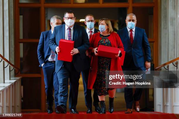 New Zealand Deputy Prime Minister and Finance Minister Grant Robertson and Dr. Megan Woods walk to the house during budget day 2022 at Parliament on...