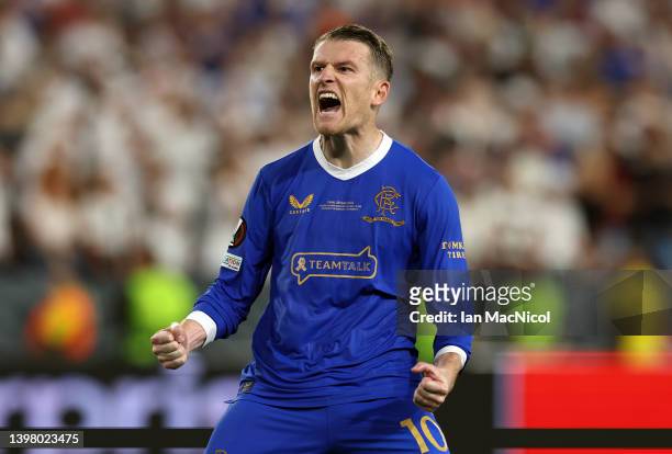 Steven Davis of Rangers celebrates after scoring in the Penalty shoot out during the UEFA Europa League final match between Eintracht Frankfurt and...