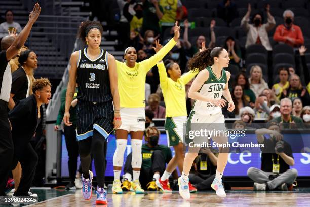 Sue Bird of the Seattle Storm reacts after her three point basket against the Chicago Sky during the first half at Climate Pledge Arena on May 18,...