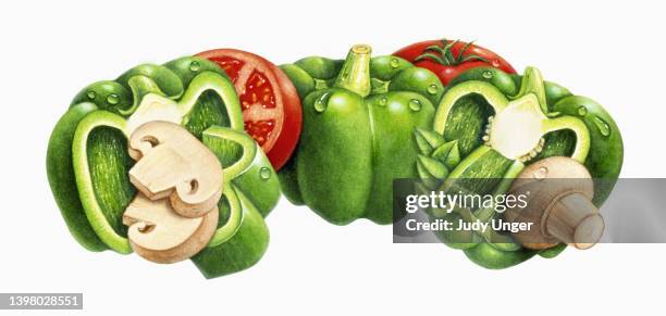 peppers, mushrooms, and tomatoes - photo realism stock illustrations