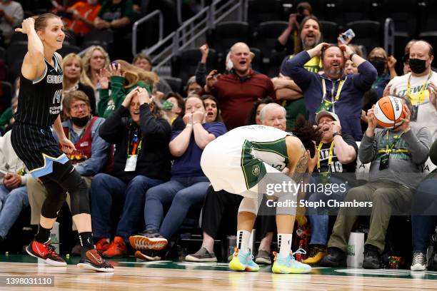 Gabby Williams of the Seattle Storm loses control of the ball against Allie Quigley of the Chicago Sky during the second half at Climate Pledge Arena...