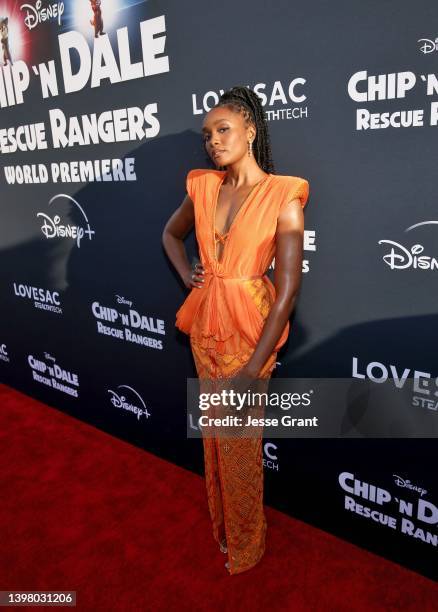 KiKi Layne attends the 'Chip 'N Dale: Rescue Rangers' premiere at El Capitan Theatre in Hollywood, California on May 18, 2022.