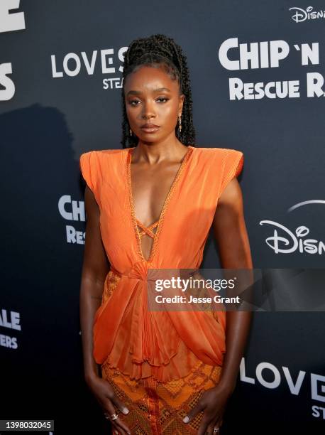 KiKi Layne attends the 'Chip 'N Dale: Rescue Rangers' premiere at El Capitan Theatre in Hollywood, California on May 18, 2022.