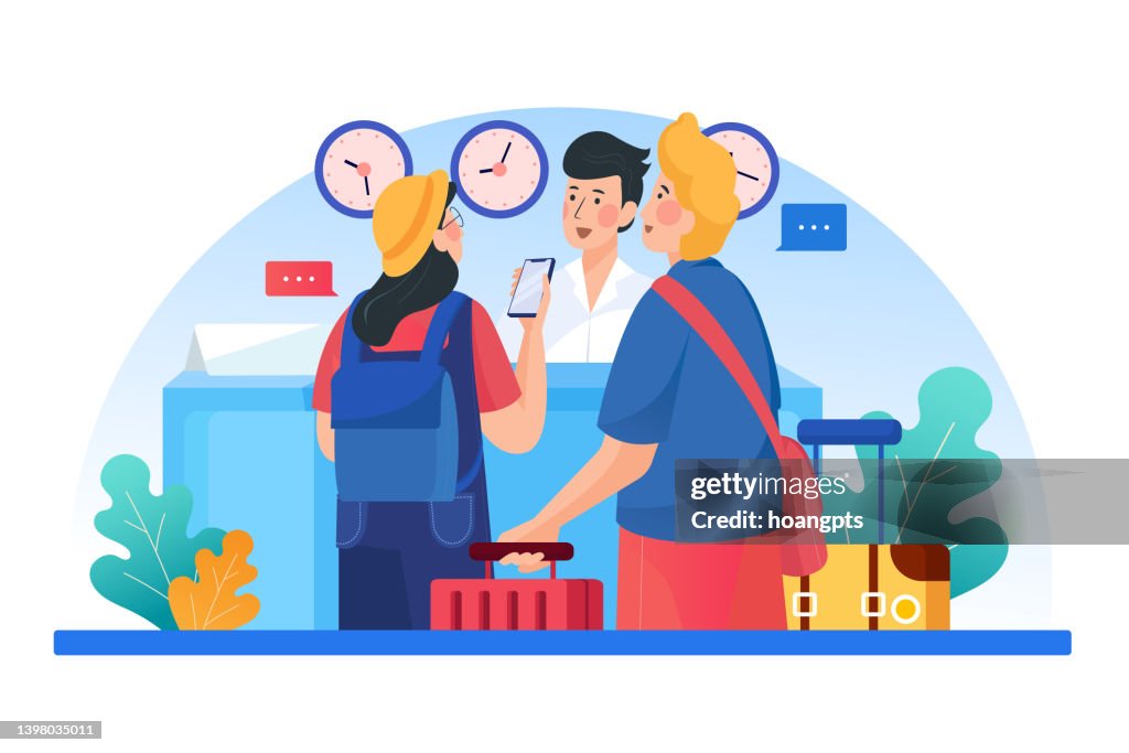 Check In Day Checkin To A Hotel Young Couple With Suitcases Is Standing At The ...