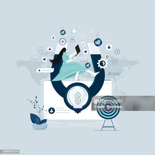 customer attraction marketing strategy, social media audience, generating new digital leads advertising concept - sales leads stock illustrations