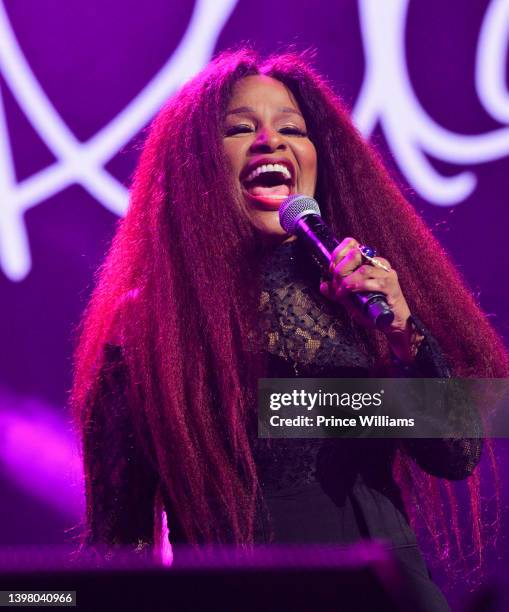 Chaka Khan performs onstage during the Strength Of A Woman Festival & Summit State Farm Arena Concert at State Farm Arena on May 07, 2022 in Atlanta,...