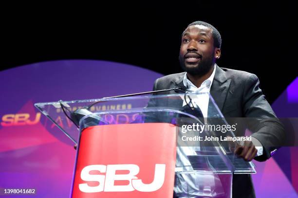 Meek Mill speaks during the 15th Annual Sports Business Journal Awards ceremony at New York Marriott Marquis Hotel on May 18, 2022 in New York City.