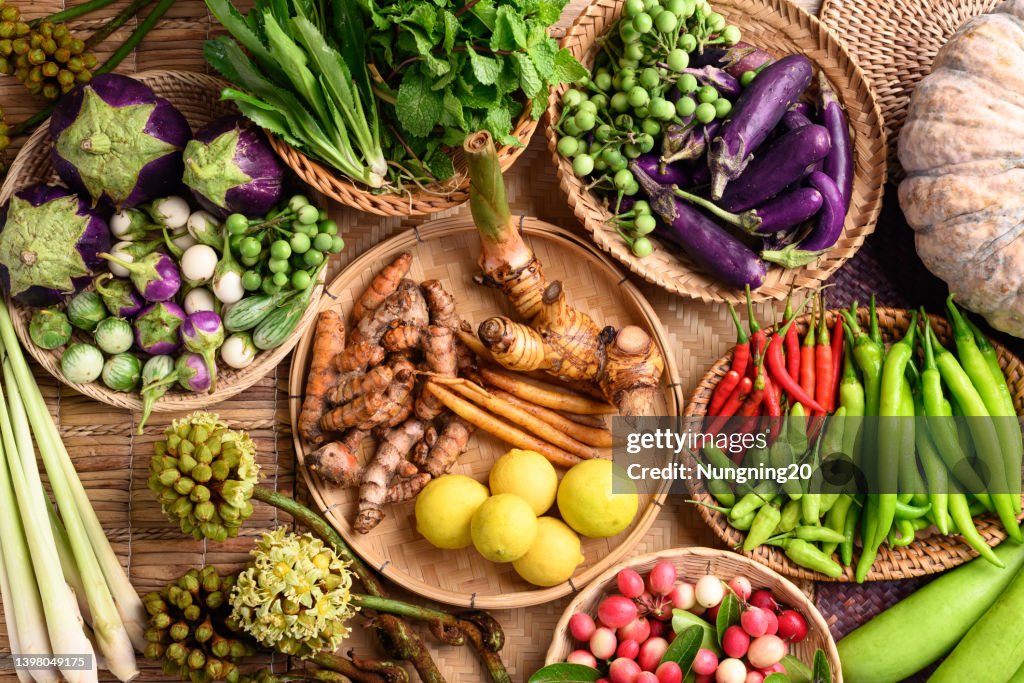 Organic Southeast Asian vegetables and spices from local farmer market in Thailand