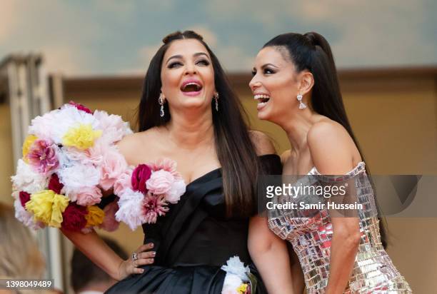 Aishwarya Rai and Eva Longoria attend the screening of "Top Gun: Maverick" during the 75th annual Cannes film festival at Palais des Festivals on May...