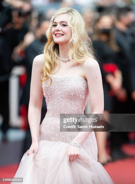 Elle Fanning attends the screening of "Top Gun: Maverick" during the 75th annual Cannes film festival at Palais des Festivals on May 18, 2022 in...