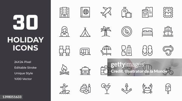 bildbanksillustrationer, clip art samt tecknat material och ikoner med beach holiday line icon set - map monde vector