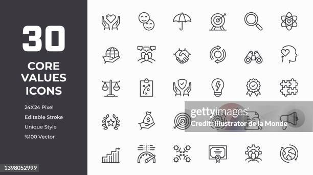 ilustraciones, imágenes clip art, dibujos animados e iconos de stock de conjunto de iconos de línea de valores principales - responsabilidad