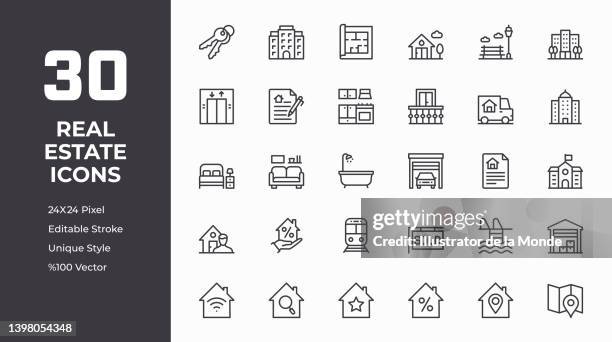 ilustraciones, imágenes clip art, dibujos animados e iconos de stock de conjunto de iconos de línea inmobiliaria - building storey