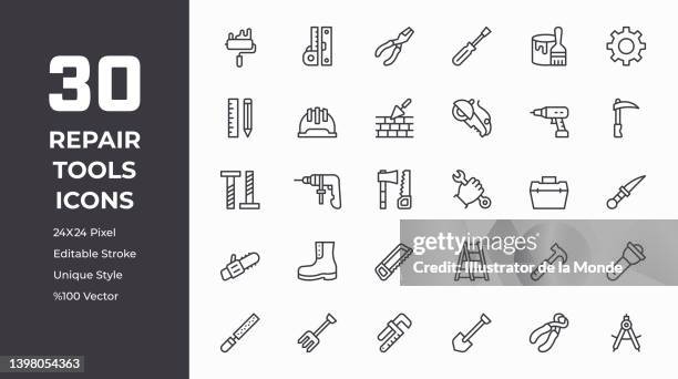 ilustraciones, imágenes clip art, dibujos animados e iconos de stock de conjunto de iconos de línea de herramientas de reparación - hardware store