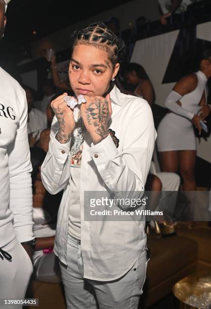 Young M.A. Attends Friday All White Affair at Gold Room on May 13, 2022 in Atlanta, Georgia.