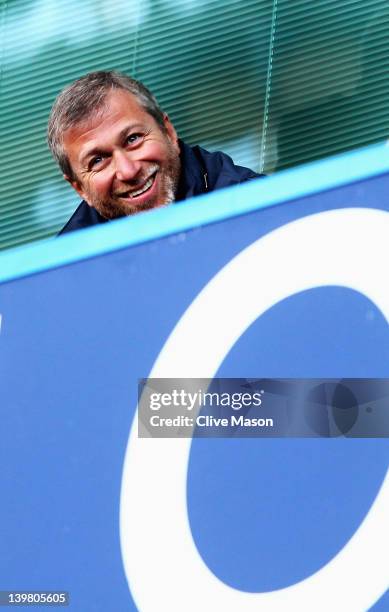 Chelsea owner Roman Abramovich looks on during the Barclays Premier League match between Chelsea and Bolton Wanderers at Stamford Bridge on February...