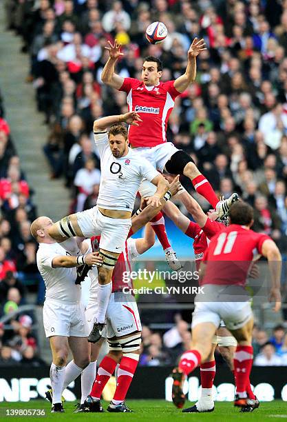 Wales' flanker Sam Warburton beats England's flanker Chris Robshaw in a line-out during the 6 Nations International rugby union match between England...