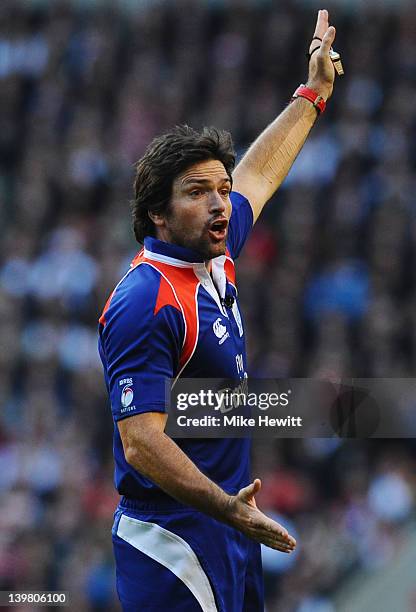 Referee Steve Walsh gives a decision during the RBS 6 Nations match between England and Wales at Twickenham Stadium on February 25, 2012 in London,...